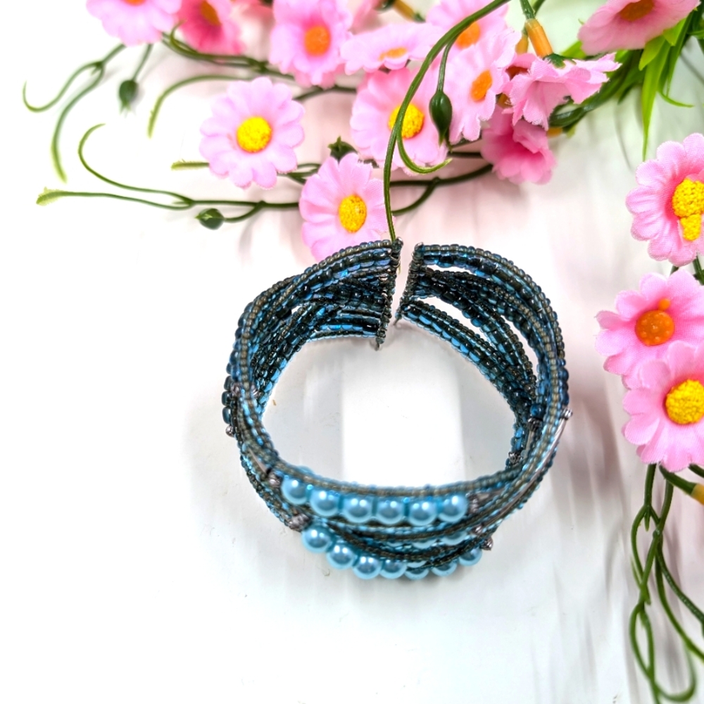 Bright Blue Beaded Handmade Vintage Cuff Style Bracelet - Picture 4 of 4